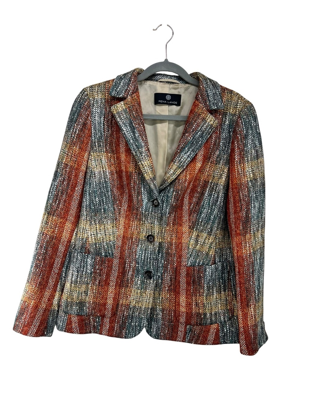 Rena Lange Tweed Flame Multicolor Wool Silk Blend Blazer Womens 12